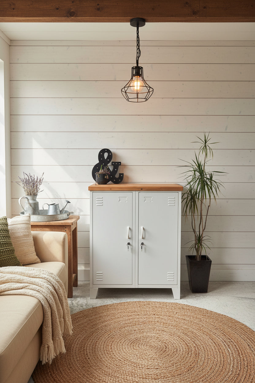 White double side cabinets with Rimu top in hampton's style house as a display piece, set against the wall in the living room