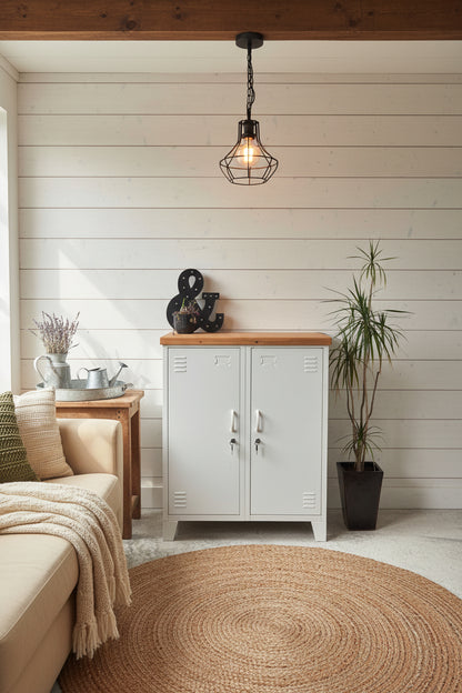 White double side cabinets with Rimu top in hampton's style house as a display piece, set against the wall in the living room