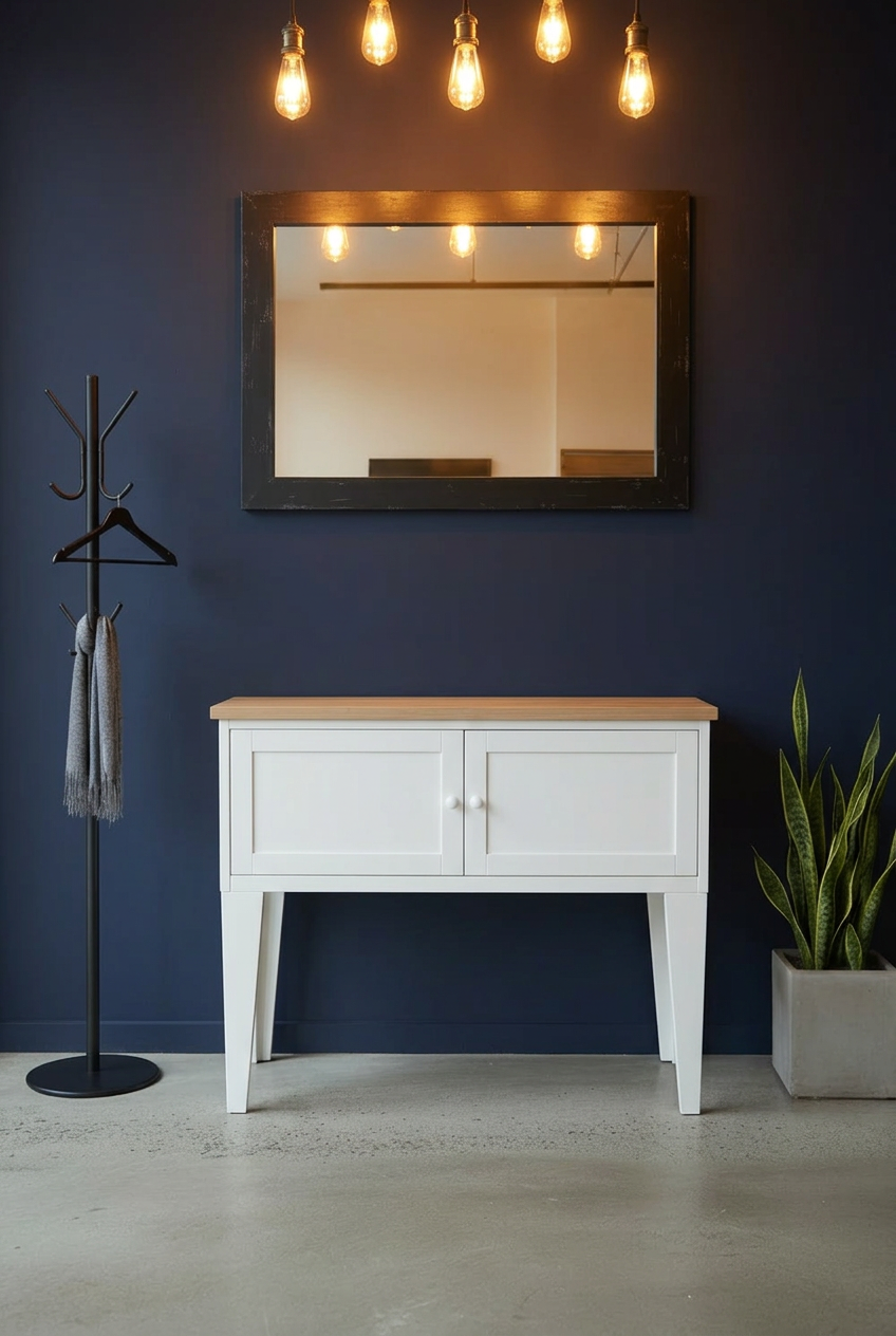 White Hall table made of metal with Oak top against a blue wall, mirror above, coat stand and plant on concrete floors