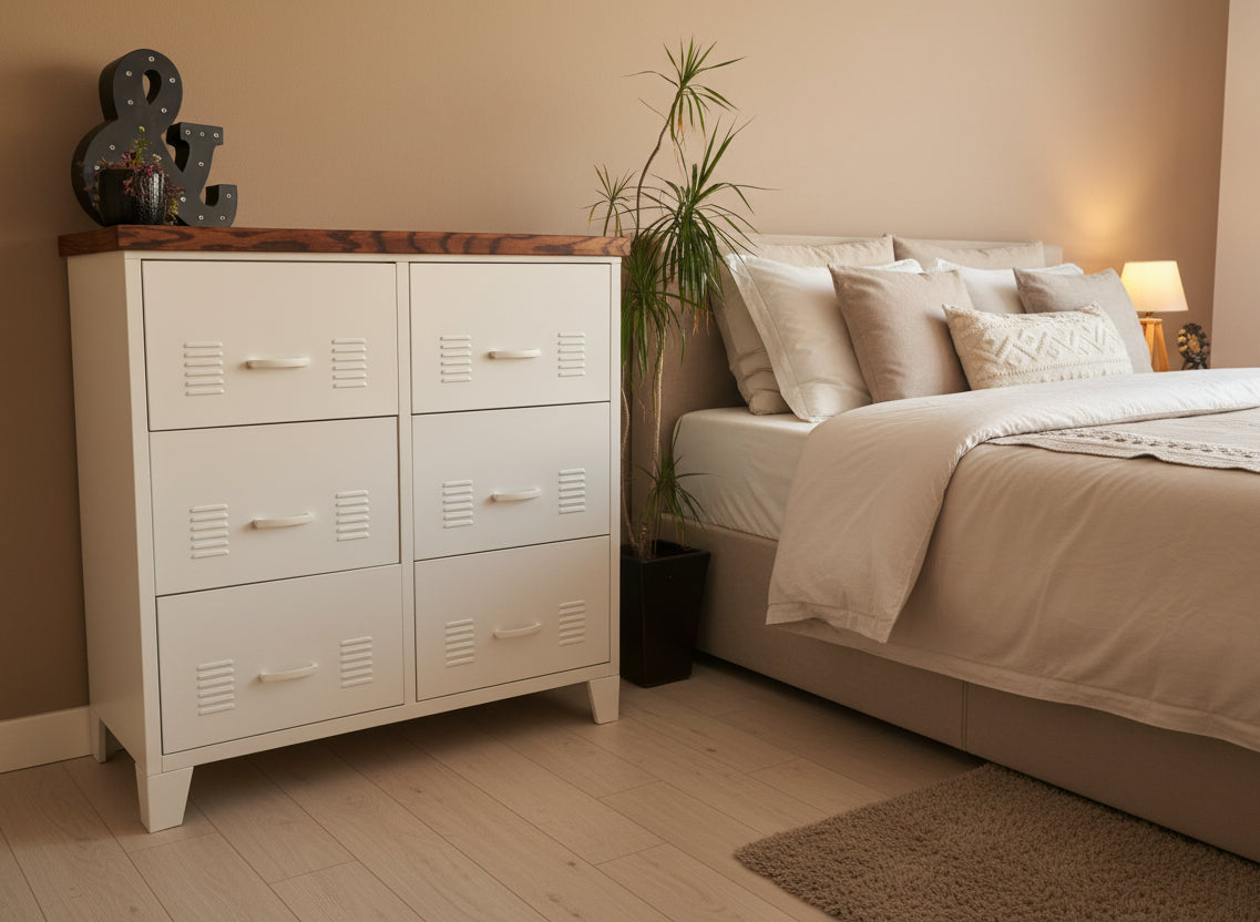 White industrial 6 drawer cabinet with Dark Oak top in a bedroom