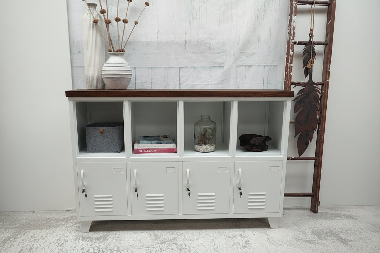 White industrial locker-style cabinet with Dark Oak top with open top for display. 