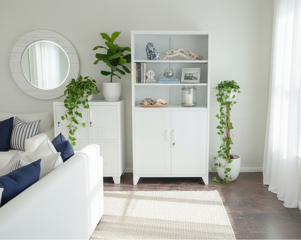 White industrial metal display bookshelf open shelving and lockable hidden storage on livingroom