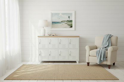 White industrial locker-style cabinet with Oak top in beachy living room as sideboard
