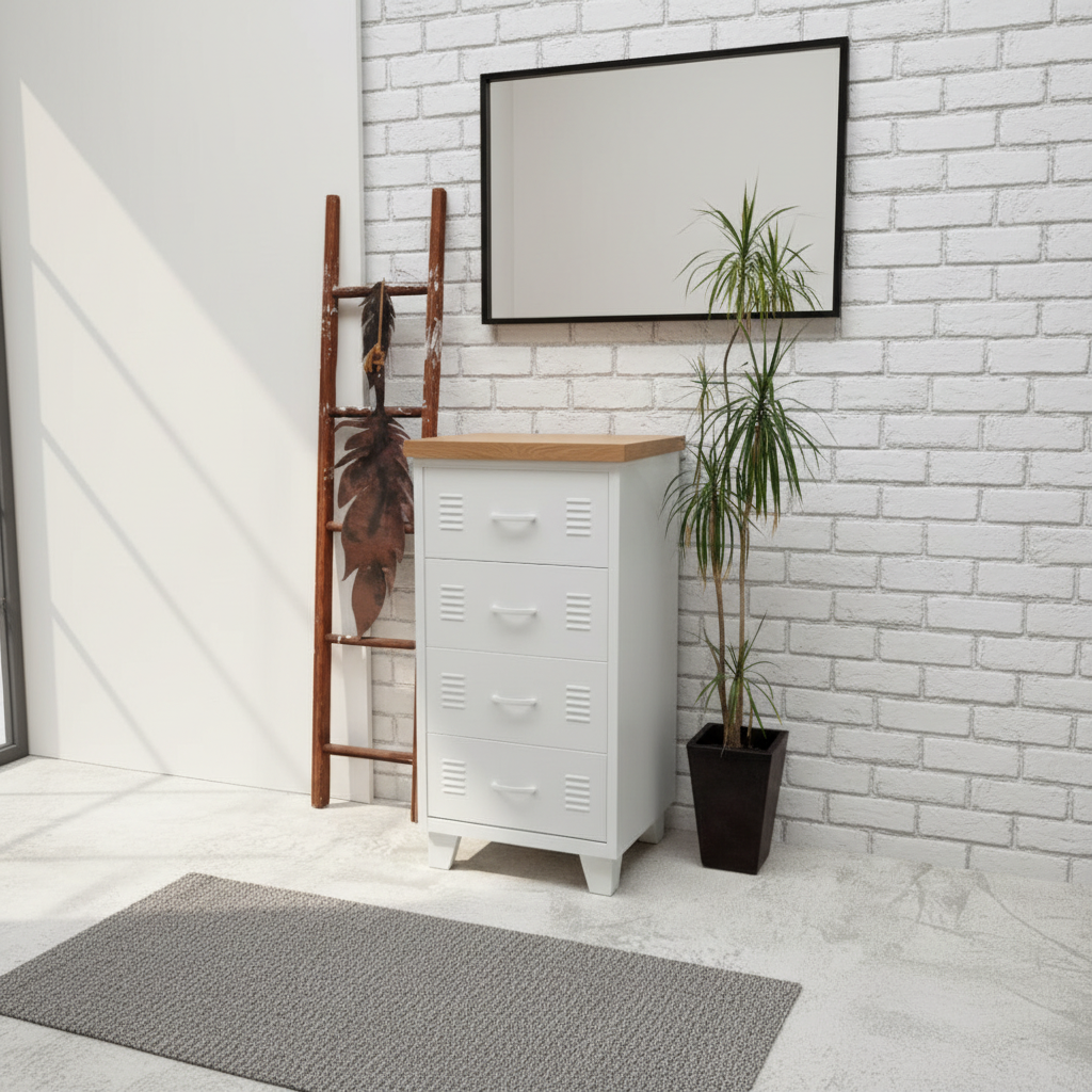 White industrial metal 4 drawer tallboy cabinet with Oak top in a home