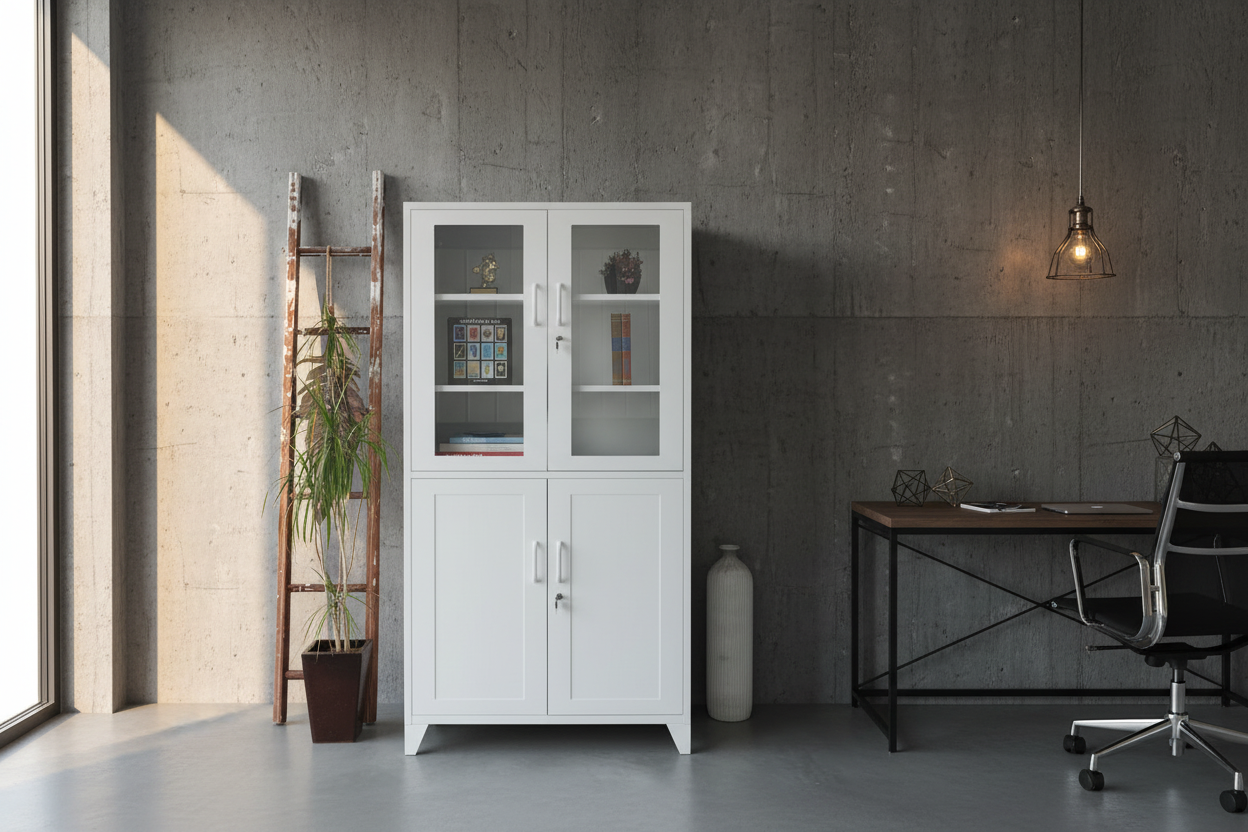 White industrial metal Glass display cabinets and bookshelves with hidden storage in an office