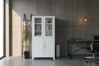 White industrial metal Glass display cabinets and bookshelves with hidden storage in an office