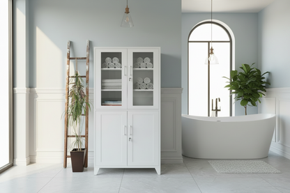 White Industrial Metal Glass Display Locker Cabinet in bathroom as storage for towels