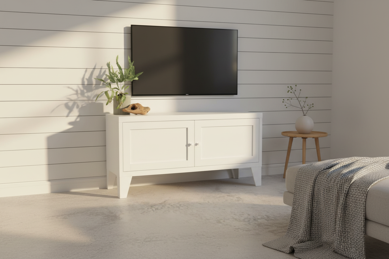 White industrial metal TV stand with a black TV against a white paneled wall in a room.