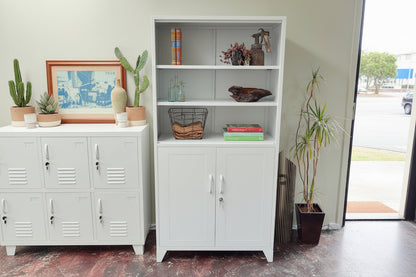 White industrial metal display bookshelf with lockable hidden storage