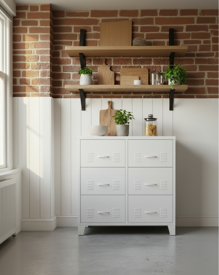 White industrial metal drawers with six drawers in a kitchen
