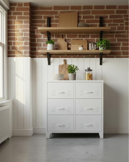 White industrial metal drawers with six drawers in a kitchen