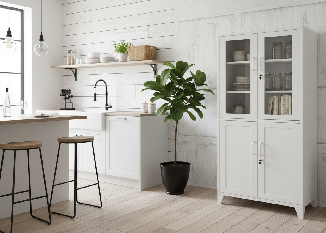 White industrial metal  glass display locker cabinet in kitchen for extra kitchen storage