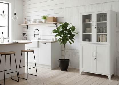 White industrial metal  glass display locker cabinet in kitchen for extra kitchen storage