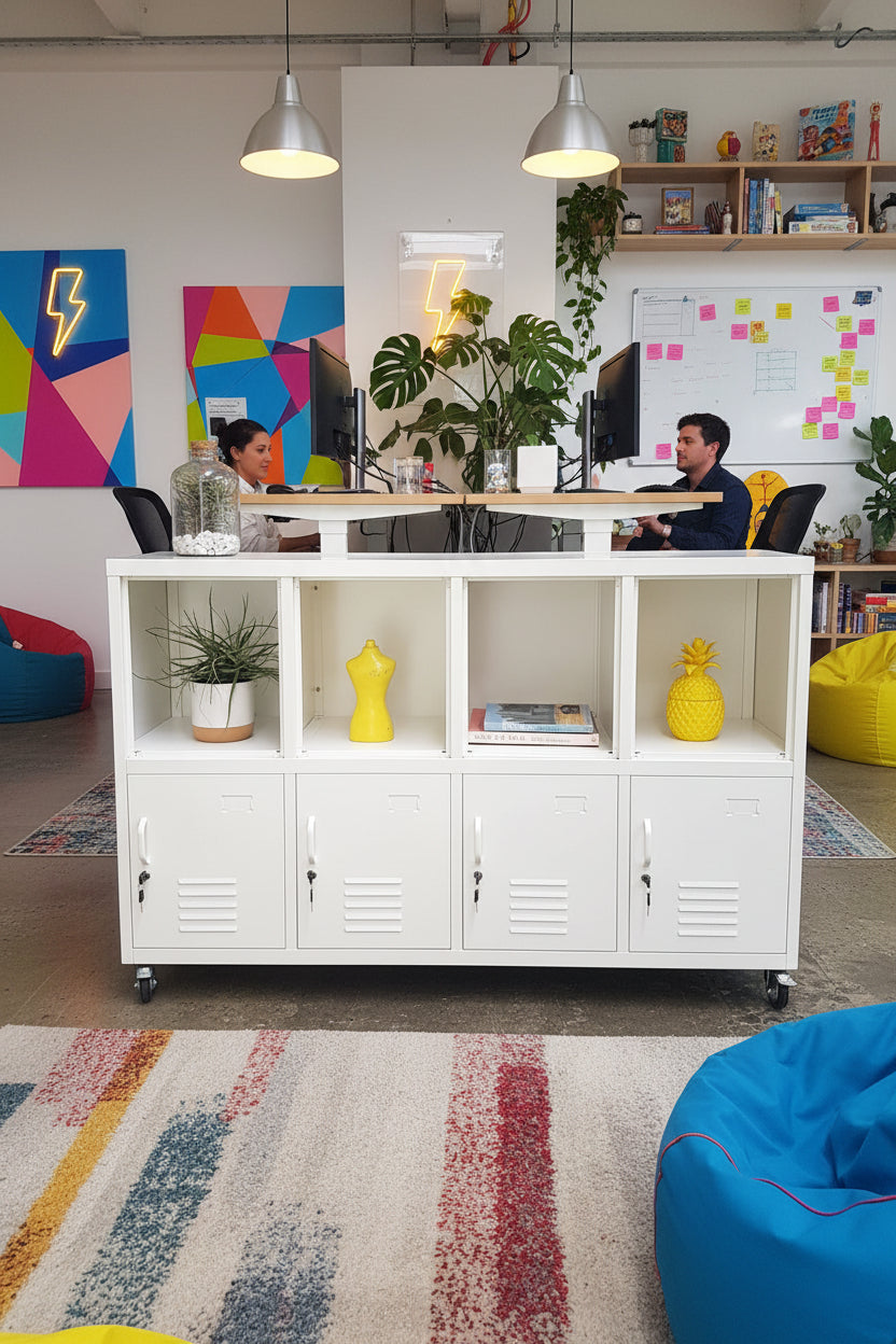 White industrial metal locker display cabinet in fun modern office
