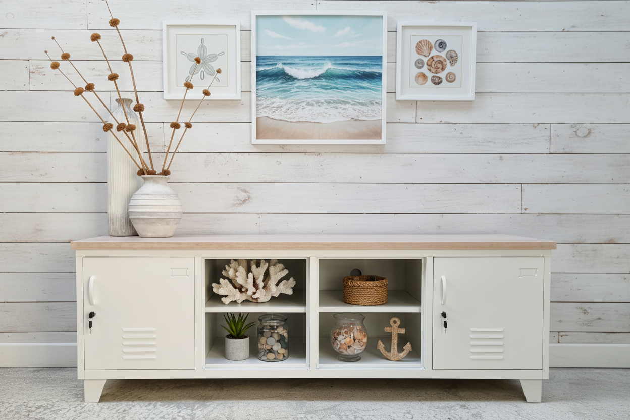 White industrial metal storage cabinet with white washed oak top and open display with decorative items against a light wooden wall. 