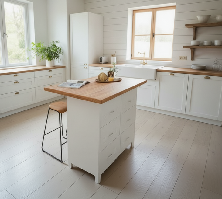 White kitchen island with NZ Recycled Rimu top and 6 drawers in a room with a window and plants.