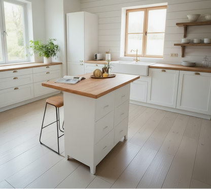 White kitchen island with NZ Recycled Rimu top and 6 drawers in a room with a window and plants.