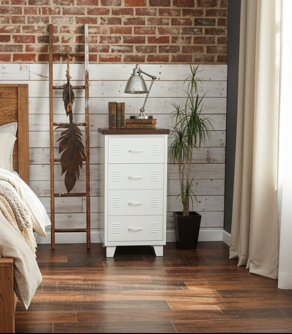 White locker-style 4 drawer dresser with a dark Oak top against a light gray wall.