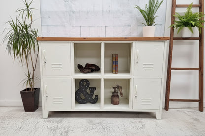 White metal industrial locker-style cabinet with Recycled Rimu top, open middle