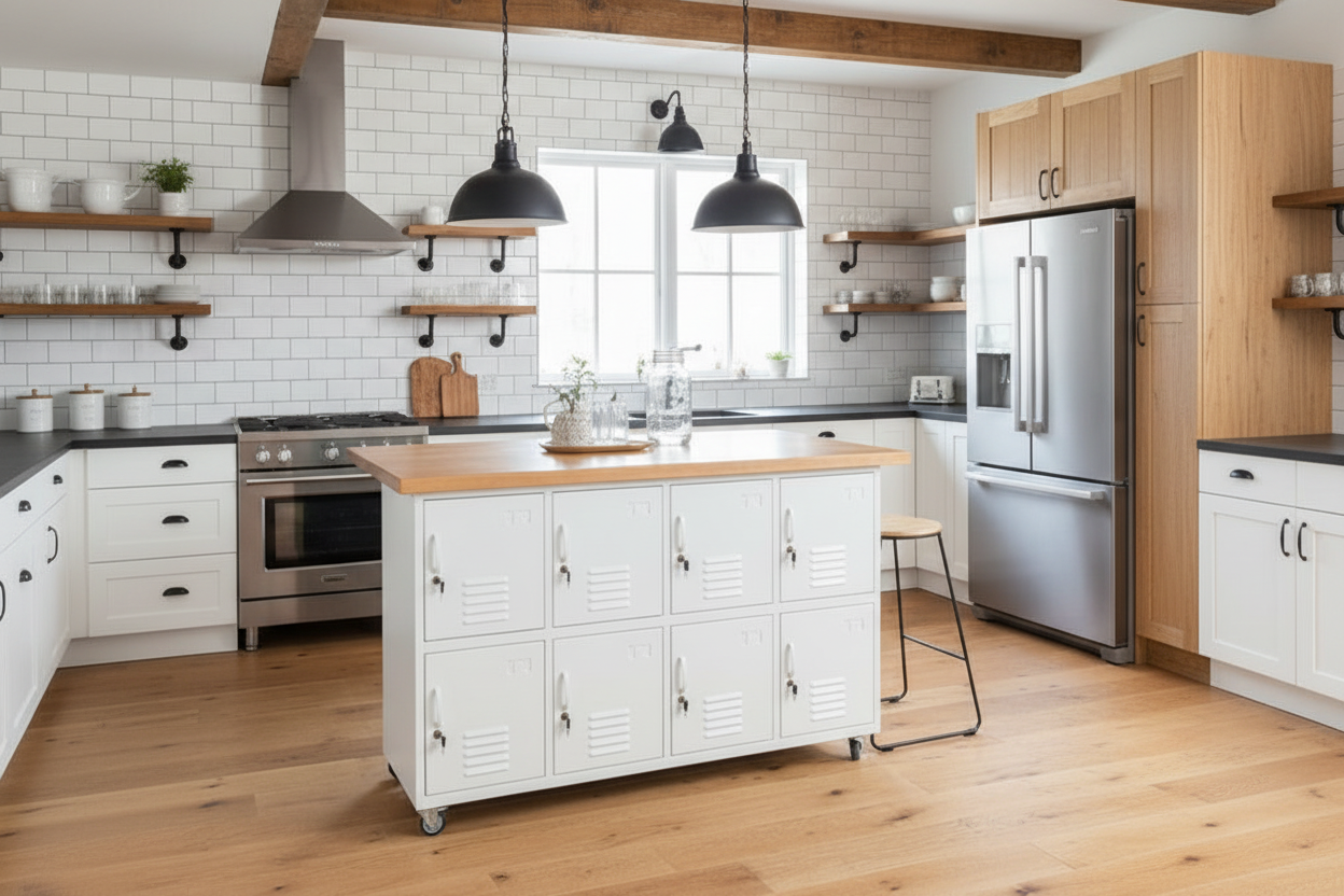 White locker-style kitchen Island on caster wheels with a Oak top in an kitchen