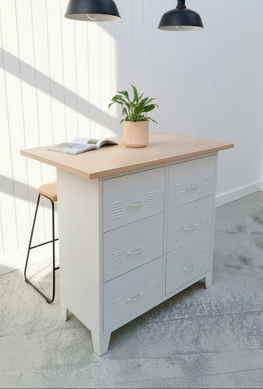 White locker-style metal drawers with Oak top in a room setting.