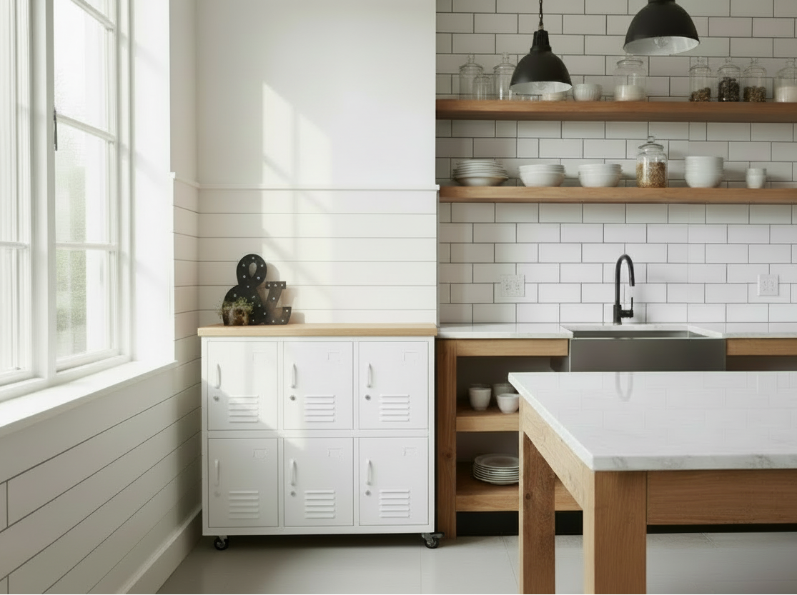 White 6 Door Metal Locker Cabinet with Oak top