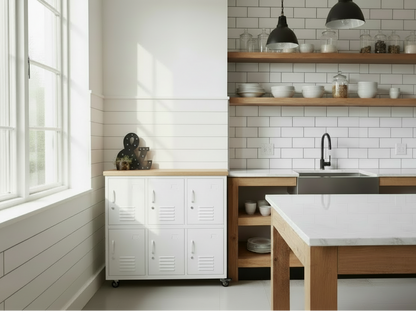 White 6 Door Metal Locker Cabinet with Oak top