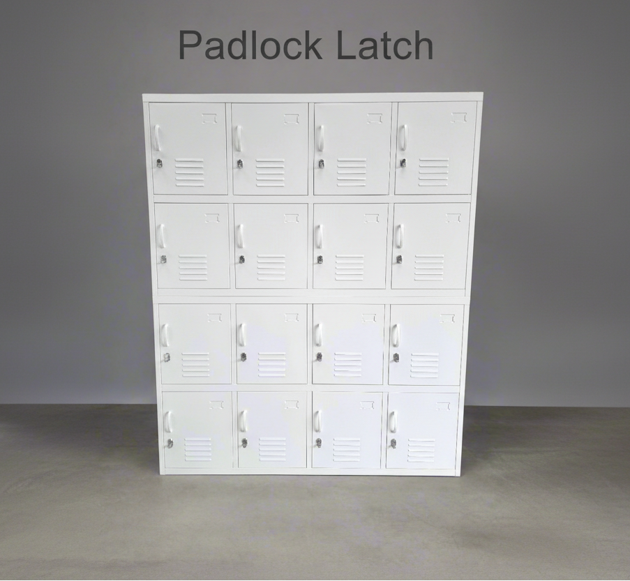 White staff lockers with padlock latches on a gray background