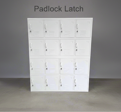 White staff lockers with padlock latches on a gray background