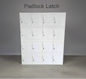 White staff lockers with padlock latches on a gray background