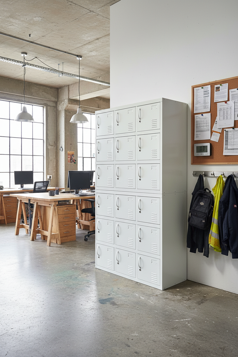 White metal 18 door staff lockers in workroom