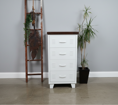 White metal 4 drawer locker-style dresser with a dark oak wooden top against a light gray wall.