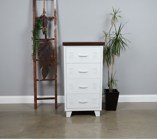 White metal 4 drawer locker-style dresser with a dark oak wooden top against a light gray wall.