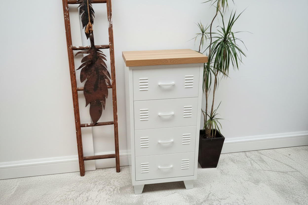 White metal 4 drawer storage cabinet with Oak top