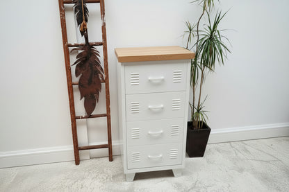 White metal 4 drawer storage cabinet with Oak top
