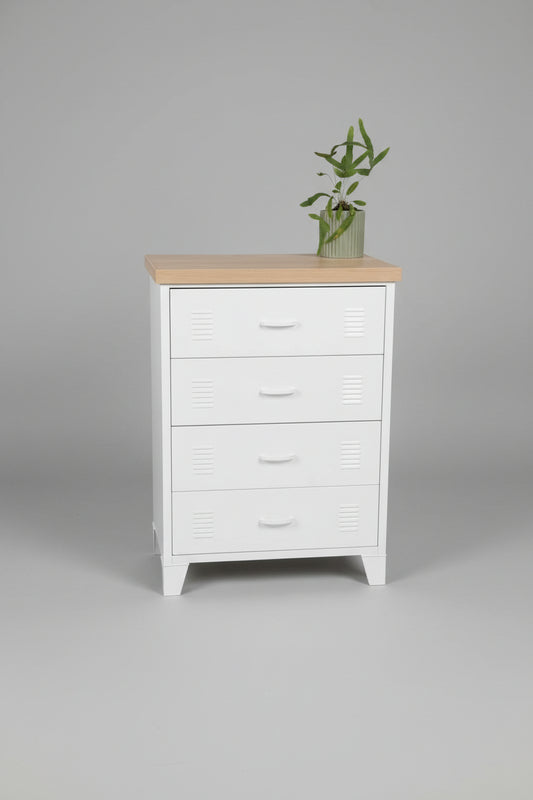 White metal 4 drawer tallboy cabinet with Oak top in a studio setting