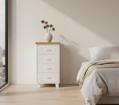 White metal 4 drawer tallboy cabinet with Oak top