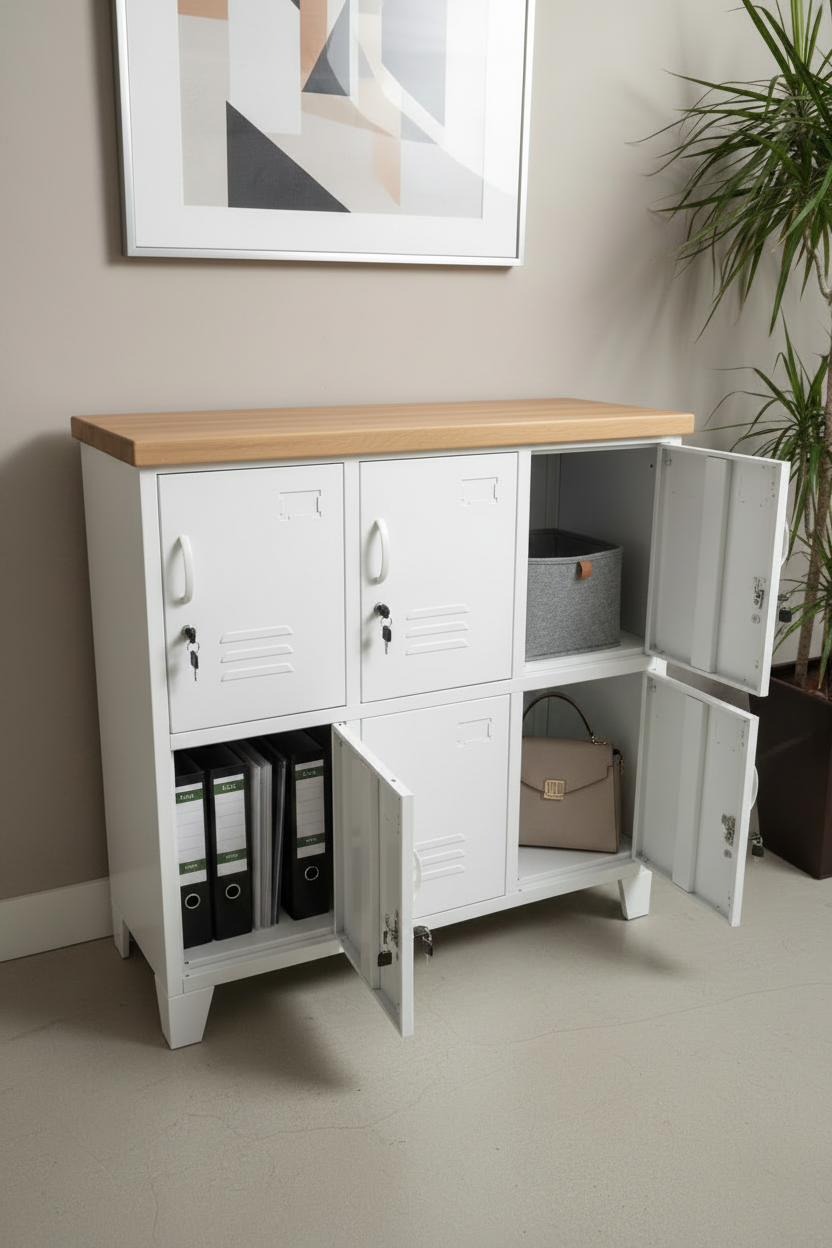 White metal 6 Door locker cabinet with Rimu top and open door revealing interior, against a light gray wall.