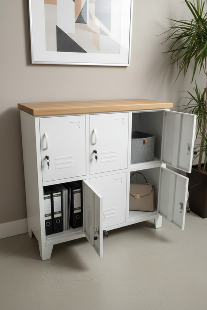 White metal 6 Door locker cabinet with Rimu top and open door revealing interior, against a light gray wall.
