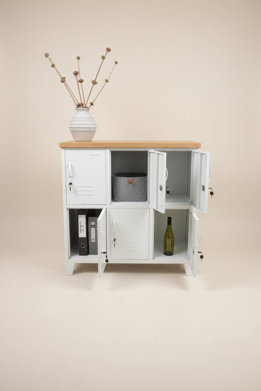 White metal 6 Door locker cabinet with Rimu top and open door to show that a wine bottle, files with fit
