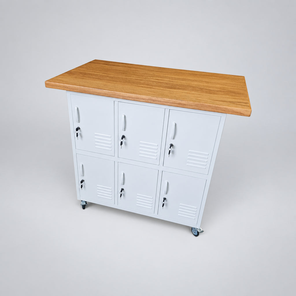 White metal 6 Door locker with Recycled Rimu Island top on casters, plain backdrop