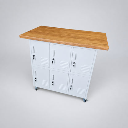 White metal 6 Door locker with Recycled Rimu Island top on casters, plain backdrop