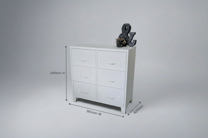White metal dresser with dimensions labeled on a gray background