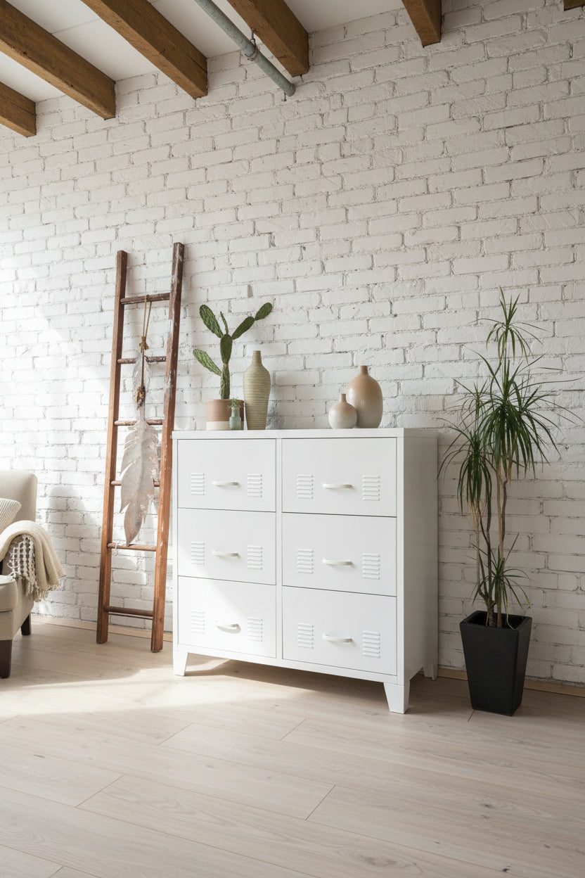 White metal 6 Drawer tallboy in a room with plants and decor.