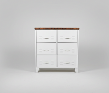 White metal 6 Drawers large tallboy with Dark oak top
