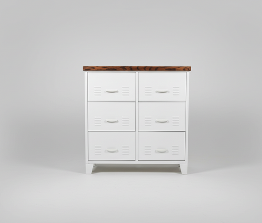 White metal 6 Drawers large tallboy with Dark oak top