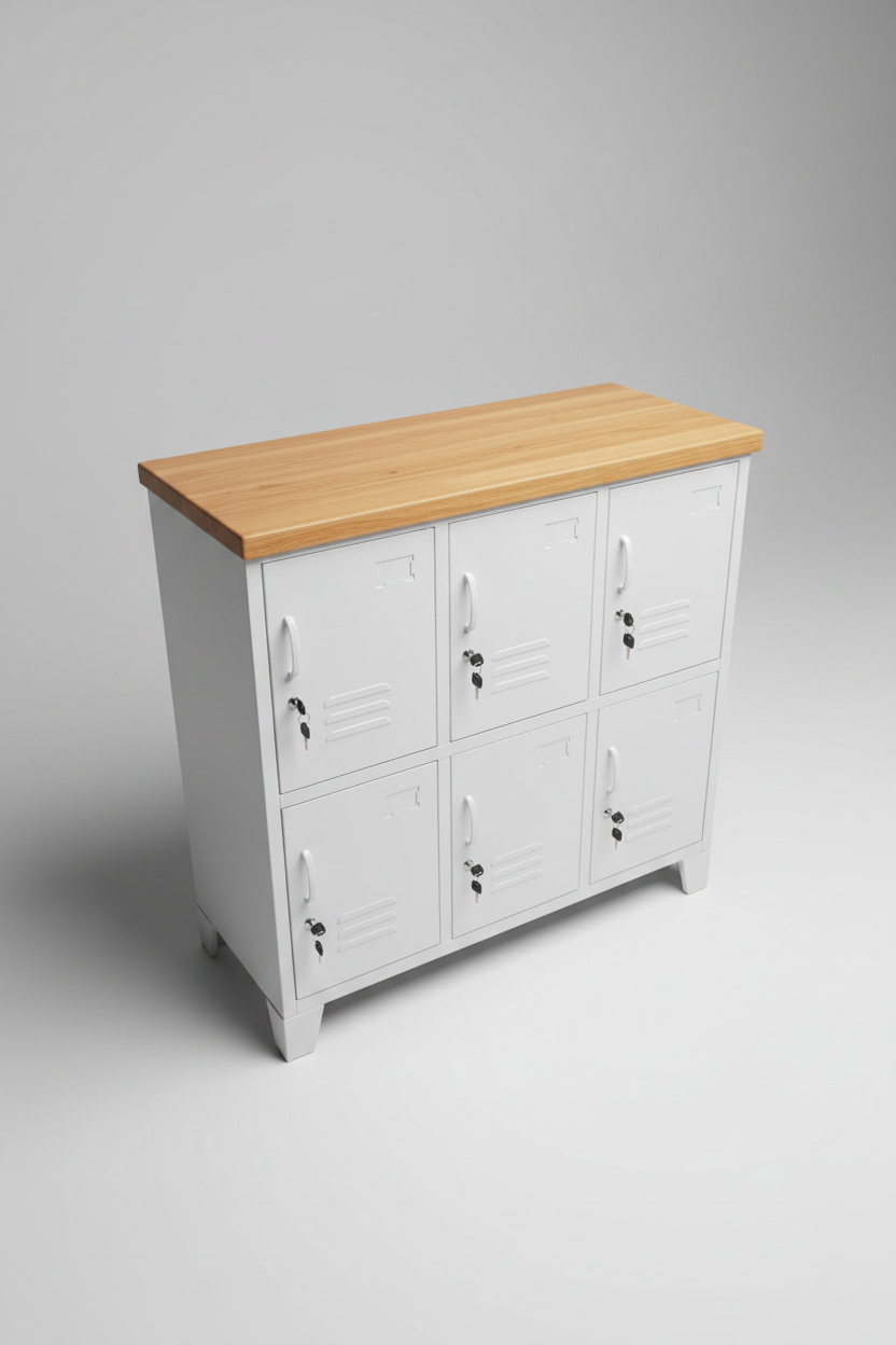 White metal 6 door locker-style cabinet with Rimu top against a light gray wall.
