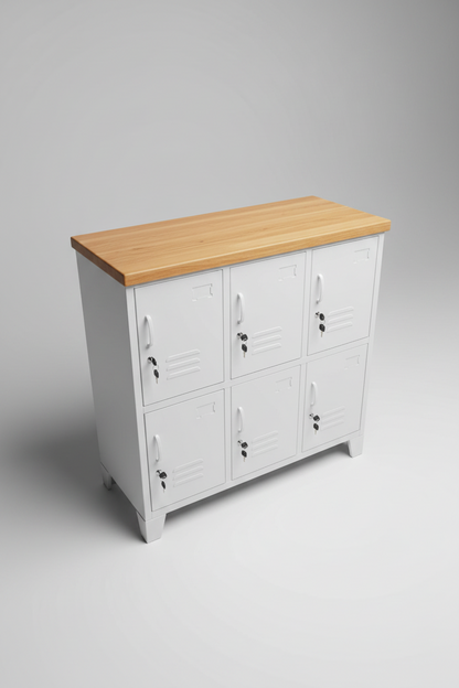 White metal 6 door locker-style cabinet with Rimu top against a light gray wall.