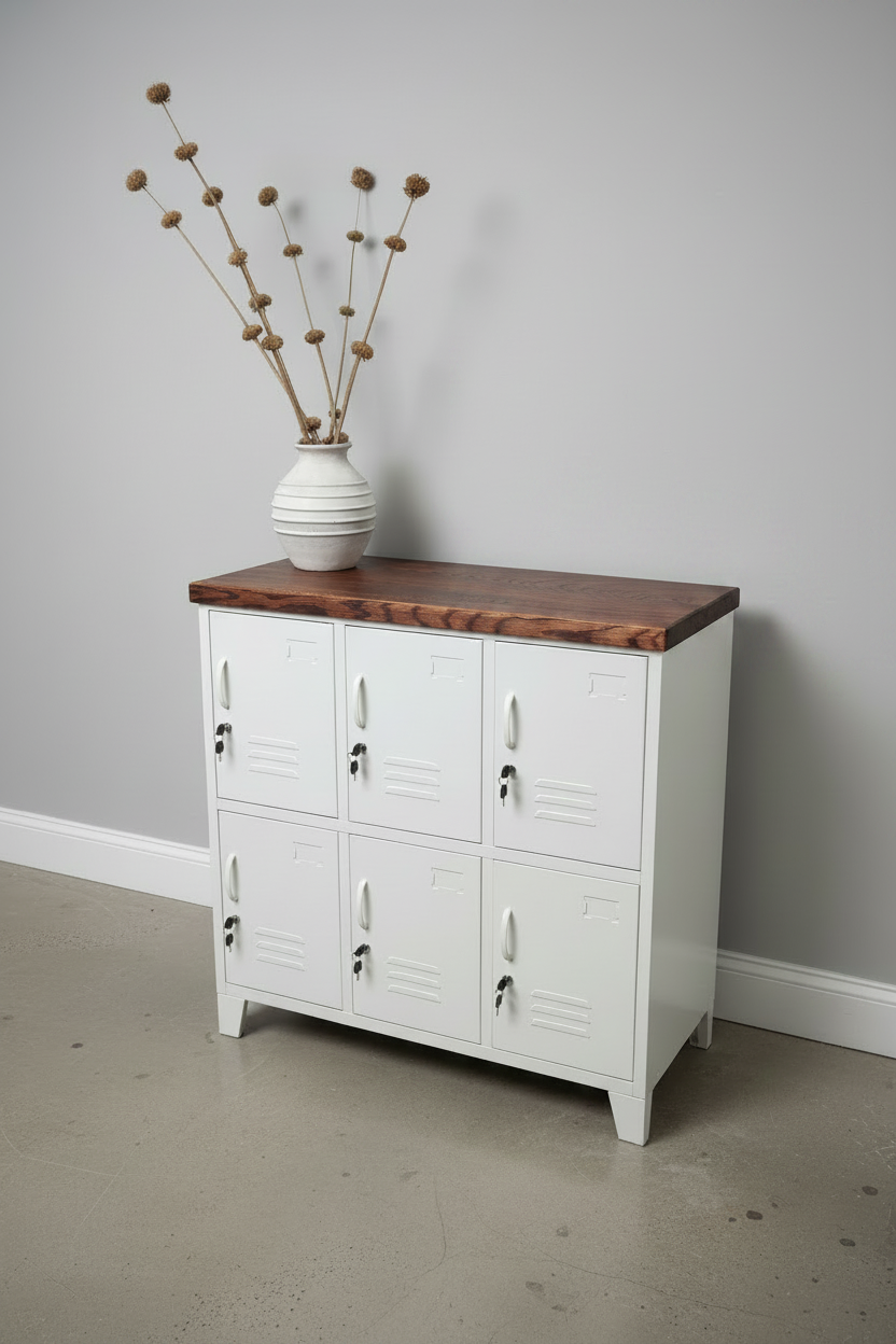 White metal 6 door locker cabinet with Dark oak top against a grey wall