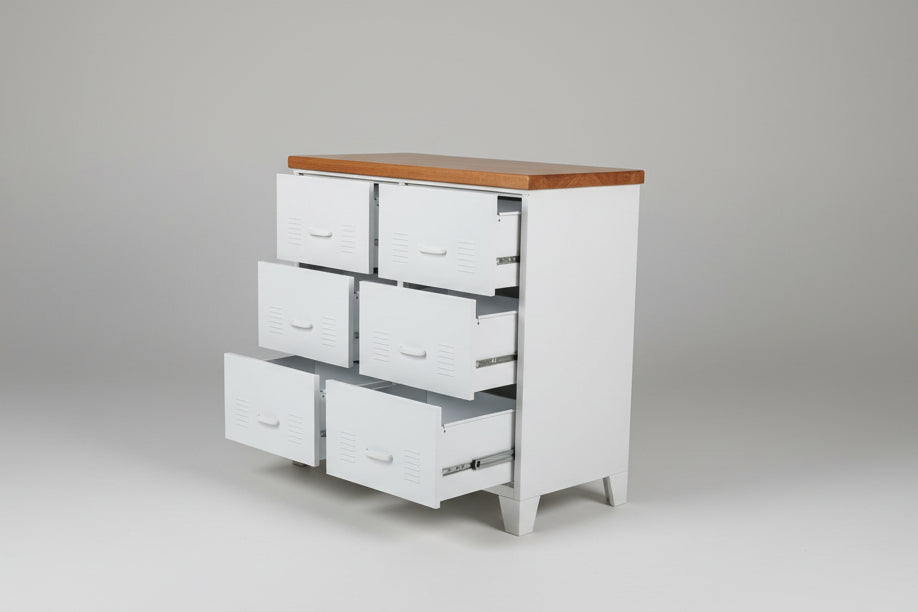 White metal 6 drawer cabinet with a RImu top with drawers open to show durable runners